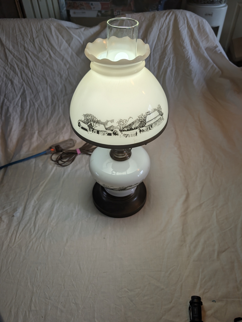 White Scenic Glass Hurricane Table Lamp with Black Print